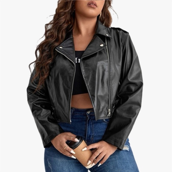 SHEIN Jackets & Blazers - SHEIN Curve Black Faux Leather Crop Moto Biker Jacket Plus Sz 2X